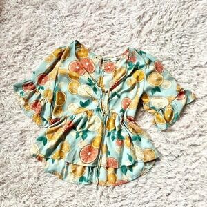 Orange Fruit Slice Ruffle Whimsical Peplum Women's 1X Citrus Kidcore Dopamine